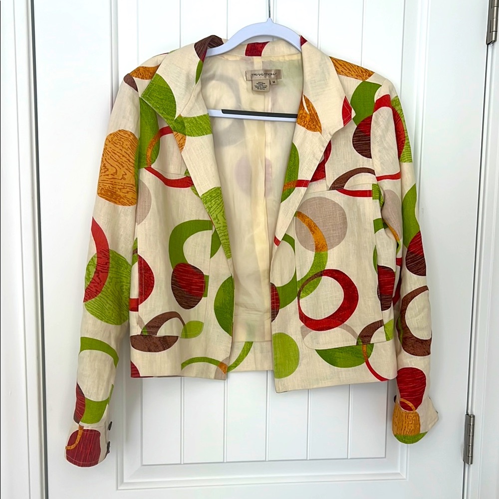Transitions, Sz M, 100% linen jacket, modern, geometric print, fully lined